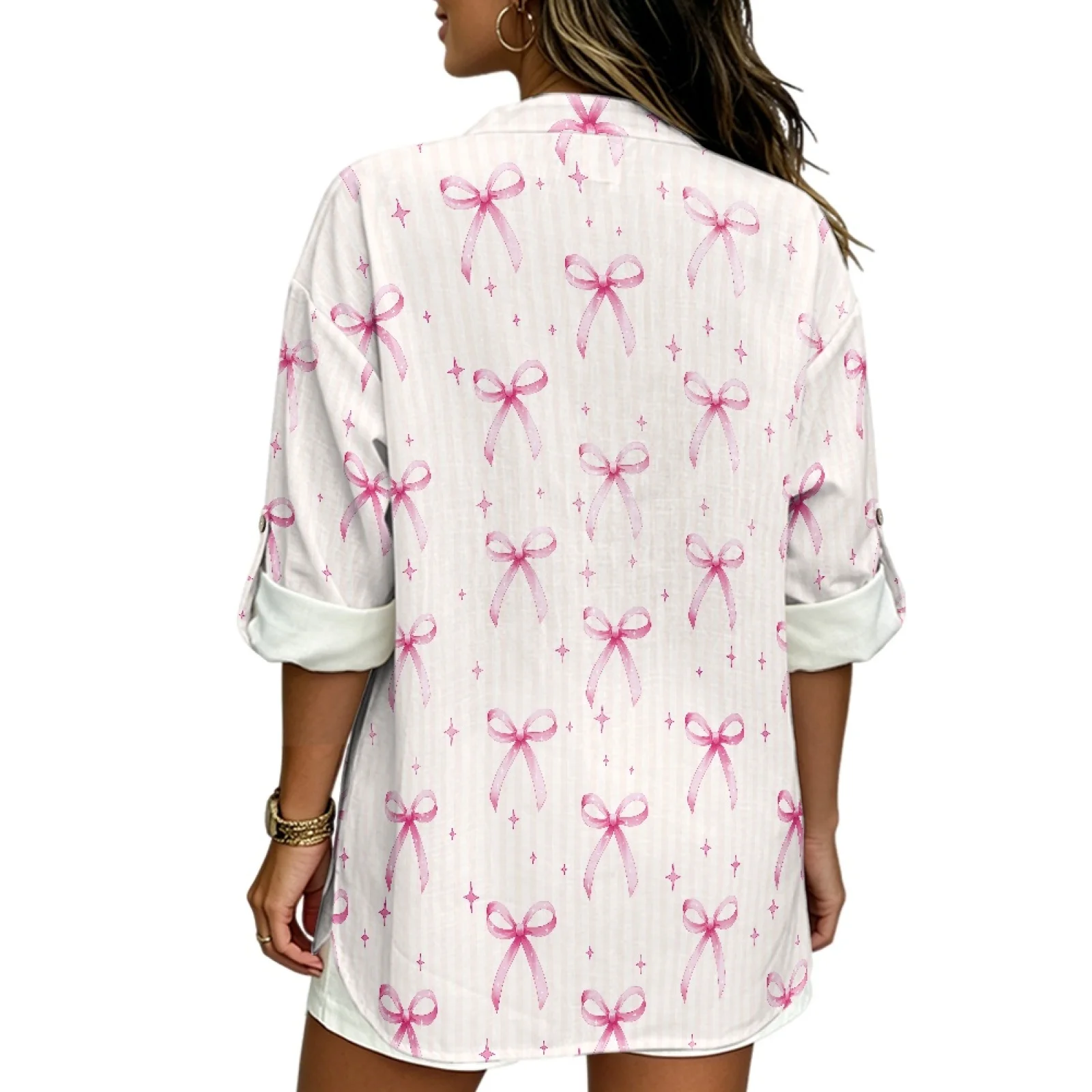 PENSTROLL Pink Bow Tie Stars Linen Like Casual Blouses Roll up Women's Long Sleeve Tops for Workout Sizes S-5XL view 3
