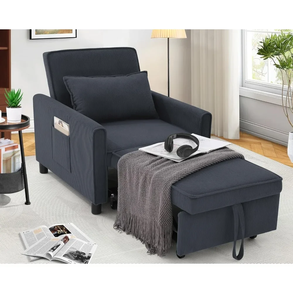 Sleeper Chair, 4-in-1 Convertible Sleeper Sofa Bed with Adjustable Backrest, Corduroy Pull Out Chair Bed Single Recliner