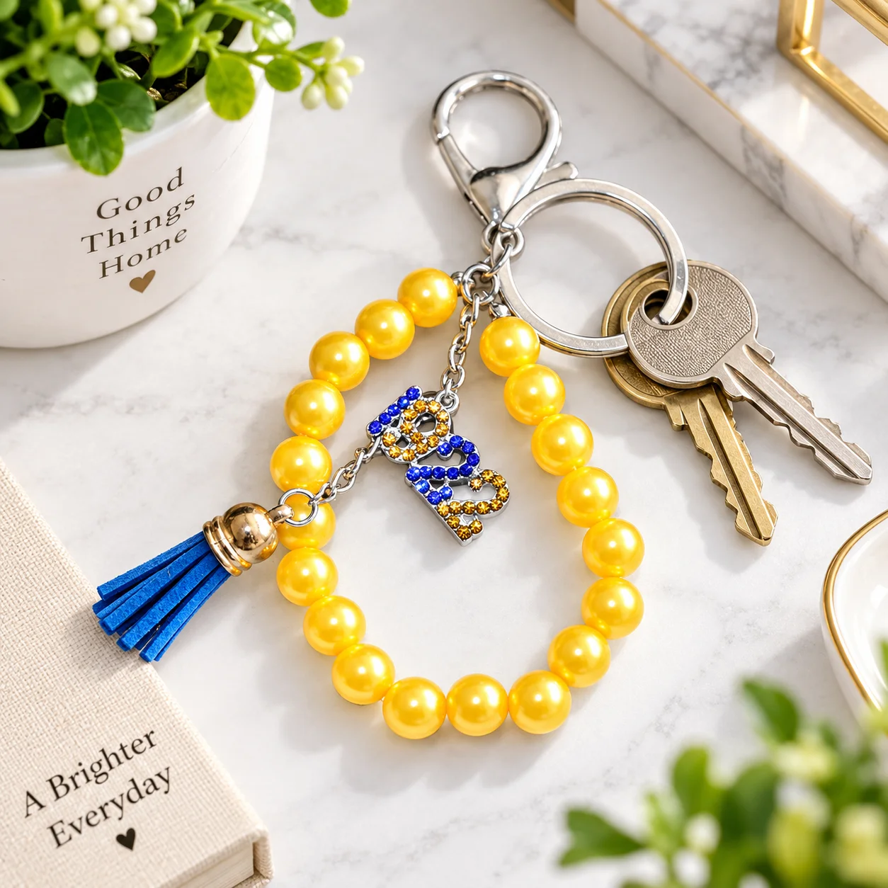 Fashion Yellow Pearl Strand Blue Tassel Greek Letter Sigma Gamma Rho 1922 Keychain Women Sorority Keyrings Jewelry for Bag