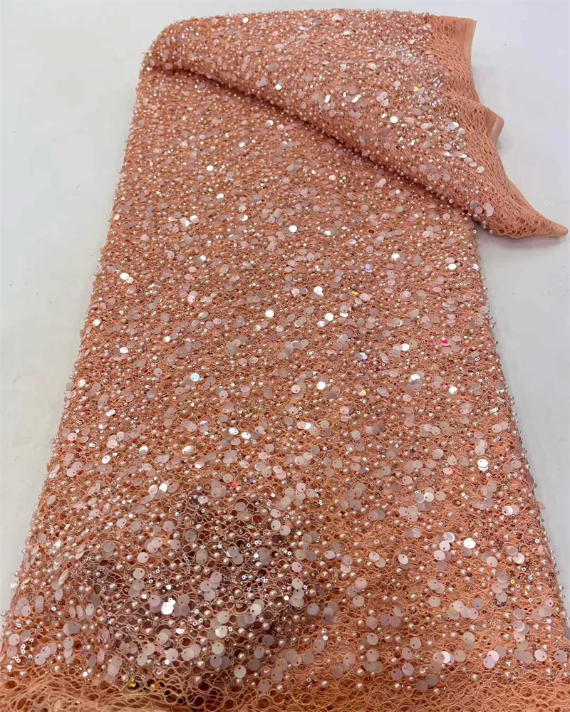 アフリカンスパンコールレース生地 2025年 5ヤード 高品質レース フランスナイジェリアビーズレース生地 ドレス、ウェディング、パーティーの縫製用