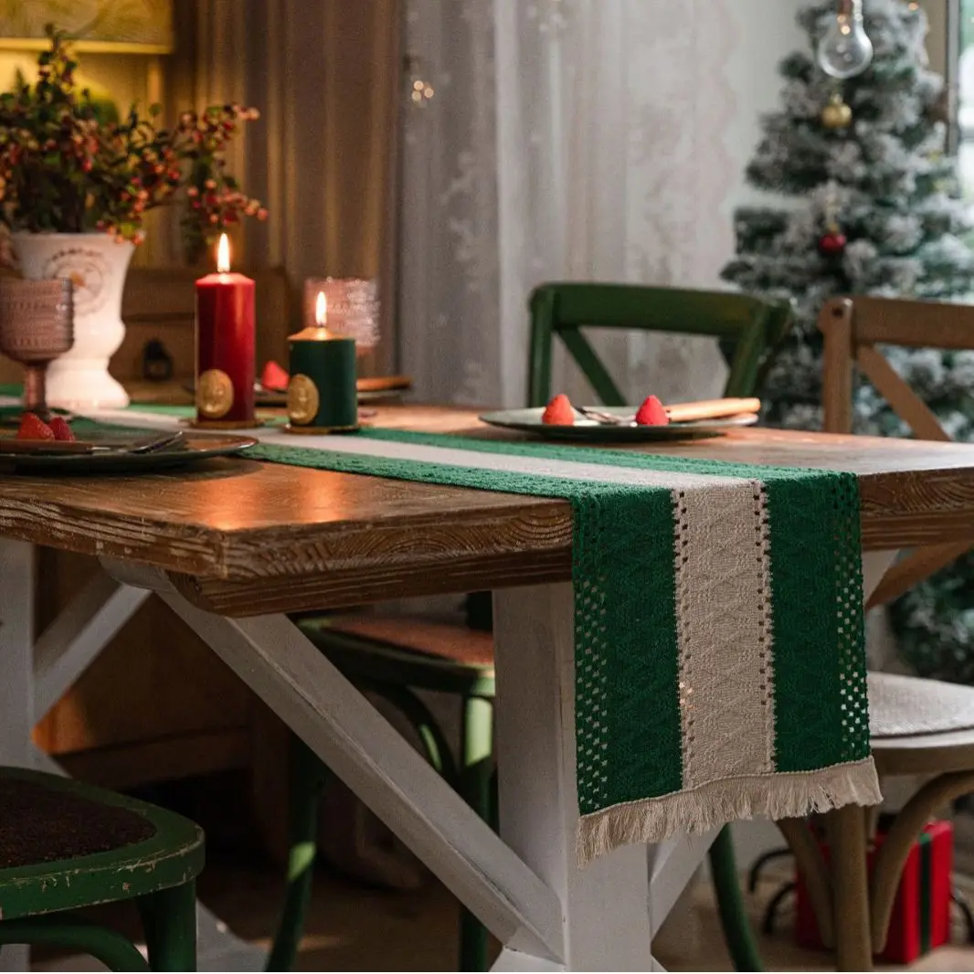 1PC Rectangle Green Striped Cotton Linen Table Runner Multi Size to Choose Christmas Festival Holiday Party Favor Home Decor