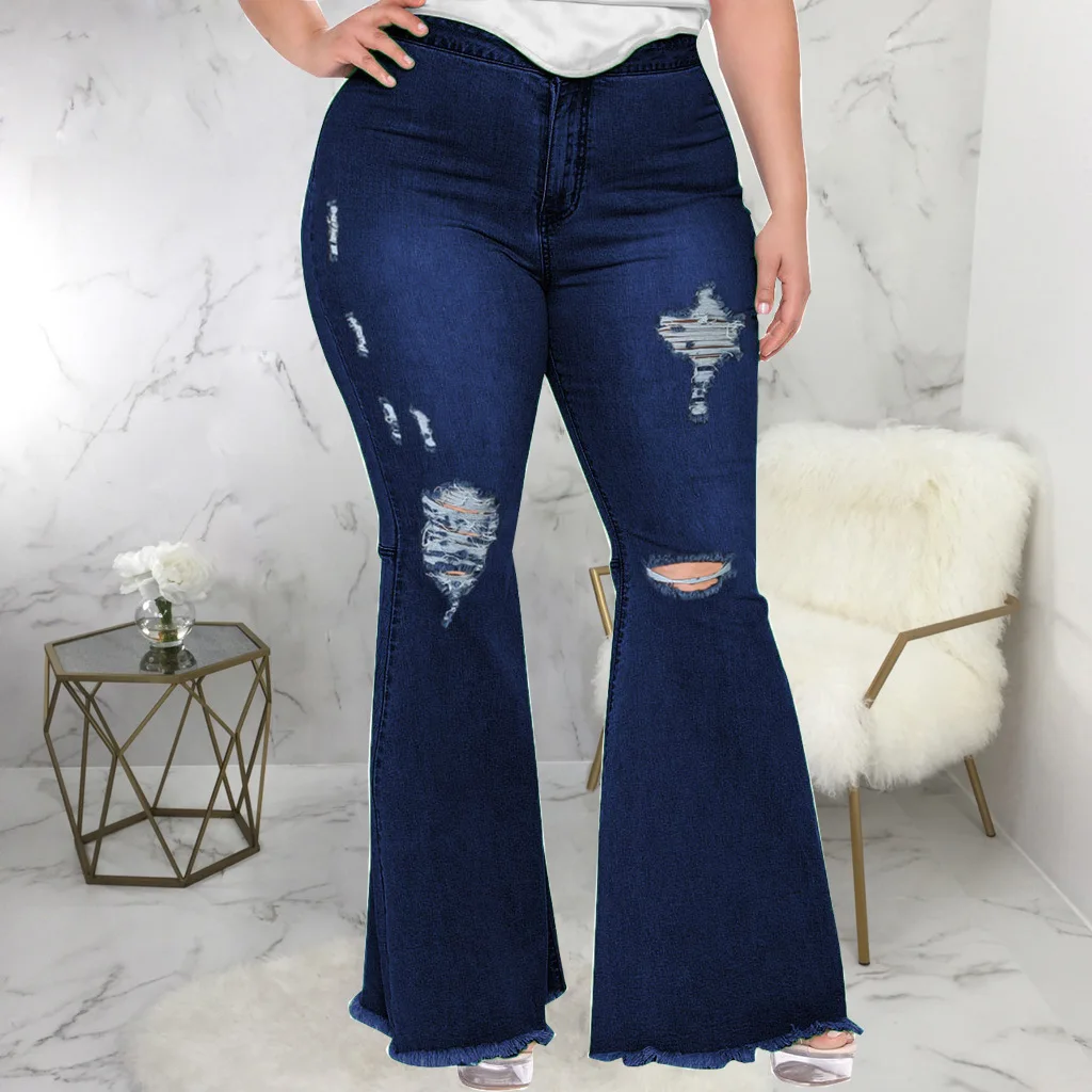 HAOOHU spring and summer fashion Slim wide leg hole casual plus size fat beauty flared jeans high street commuter 2023 new hot