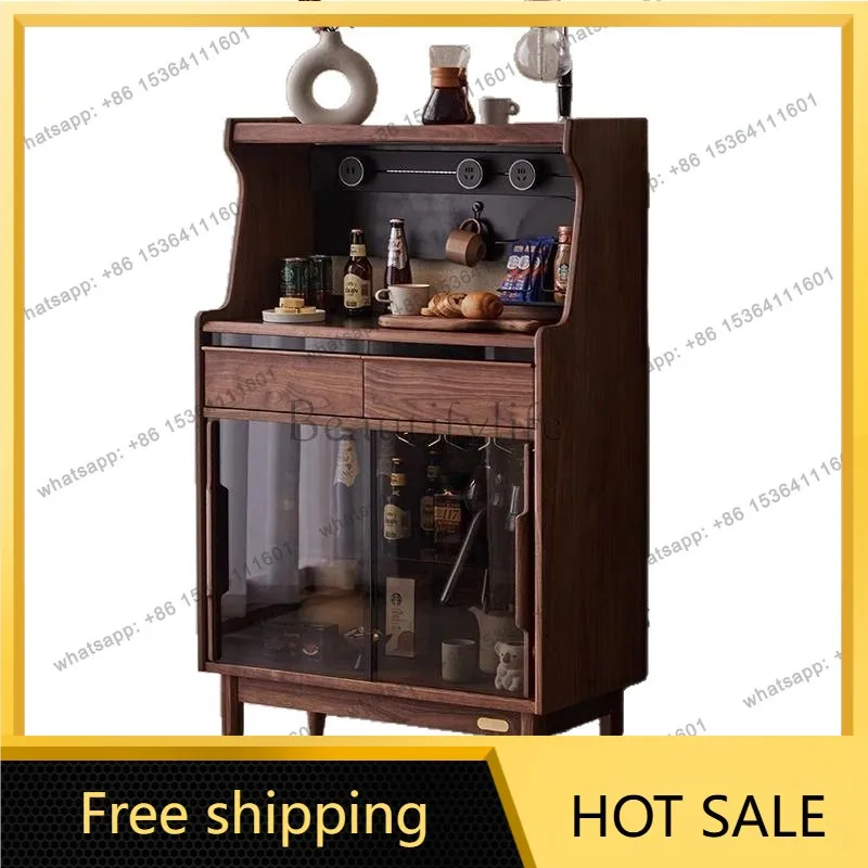 LS  Wood Multi-functional Dining Side Cabinet Black Walnut Color Living Room Rock Slab Storage High Cabinet Against The Wall