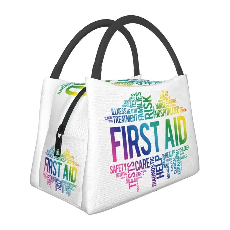 

Custom First Aid Word Cloud Collage Insulated Lunch Bags for Women Doctor Nurse Resuable Thermal Cooler Bento Box Work Travel