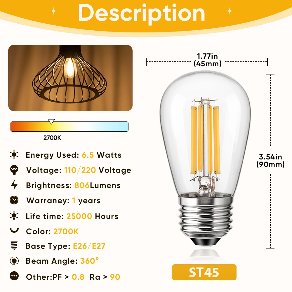 Lâmpada LED Dimmable, Lâmpada de Filamento, Substituir Pingente, Luzes Decoração Vintage, ST45, 220V, E27, 110V, E26, S14, 6.5W, 806LM, Lumen Alto