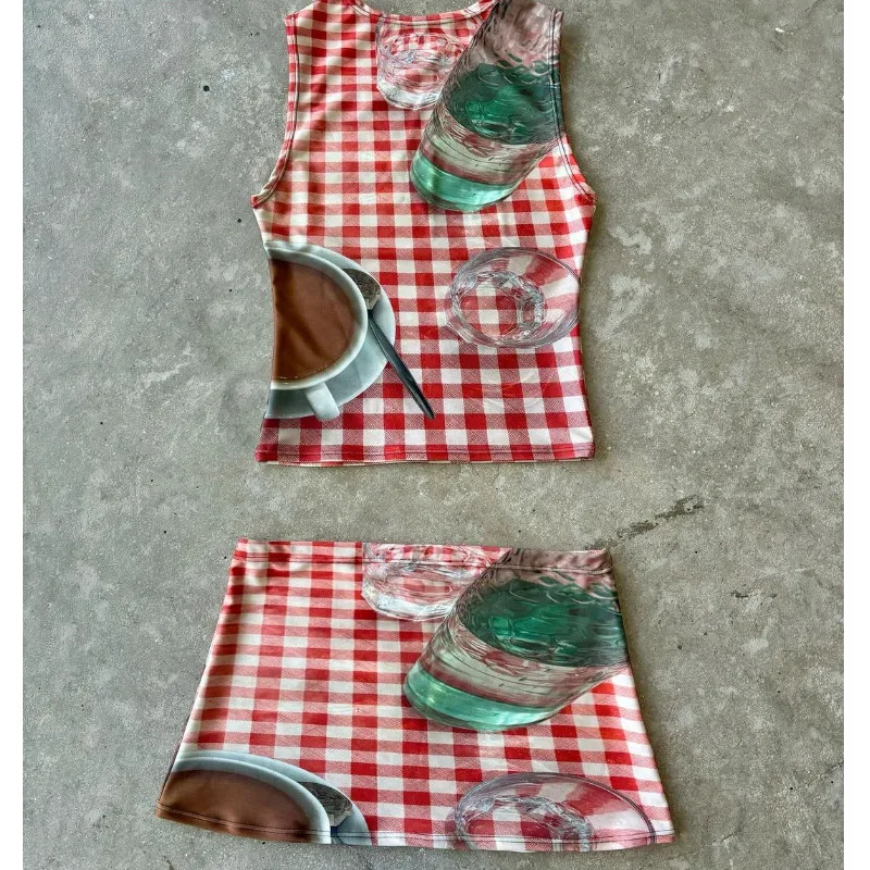 Y2k women's tank top short skirt two-piece set with cute plaid pattern printed clothes, sexy and spicy girl vintage 90s style