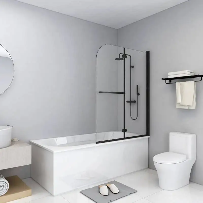 Paroi de douche pliable à deux panneaux en verre trempé de sécurité, finition noire, anti-éclaboussures, compacte, pour séparation des zones humides et sèches, salle de bain, dimensions 95x140 cm
