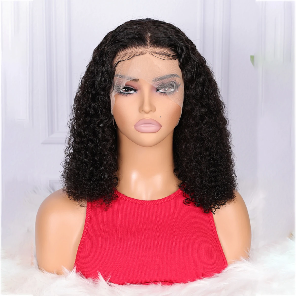 

Short Bob Soft 180Density Kinky Curly Natural Black Lace Front Wig For Women With Baby Hair Glueless Synthetic Preplucked Daily