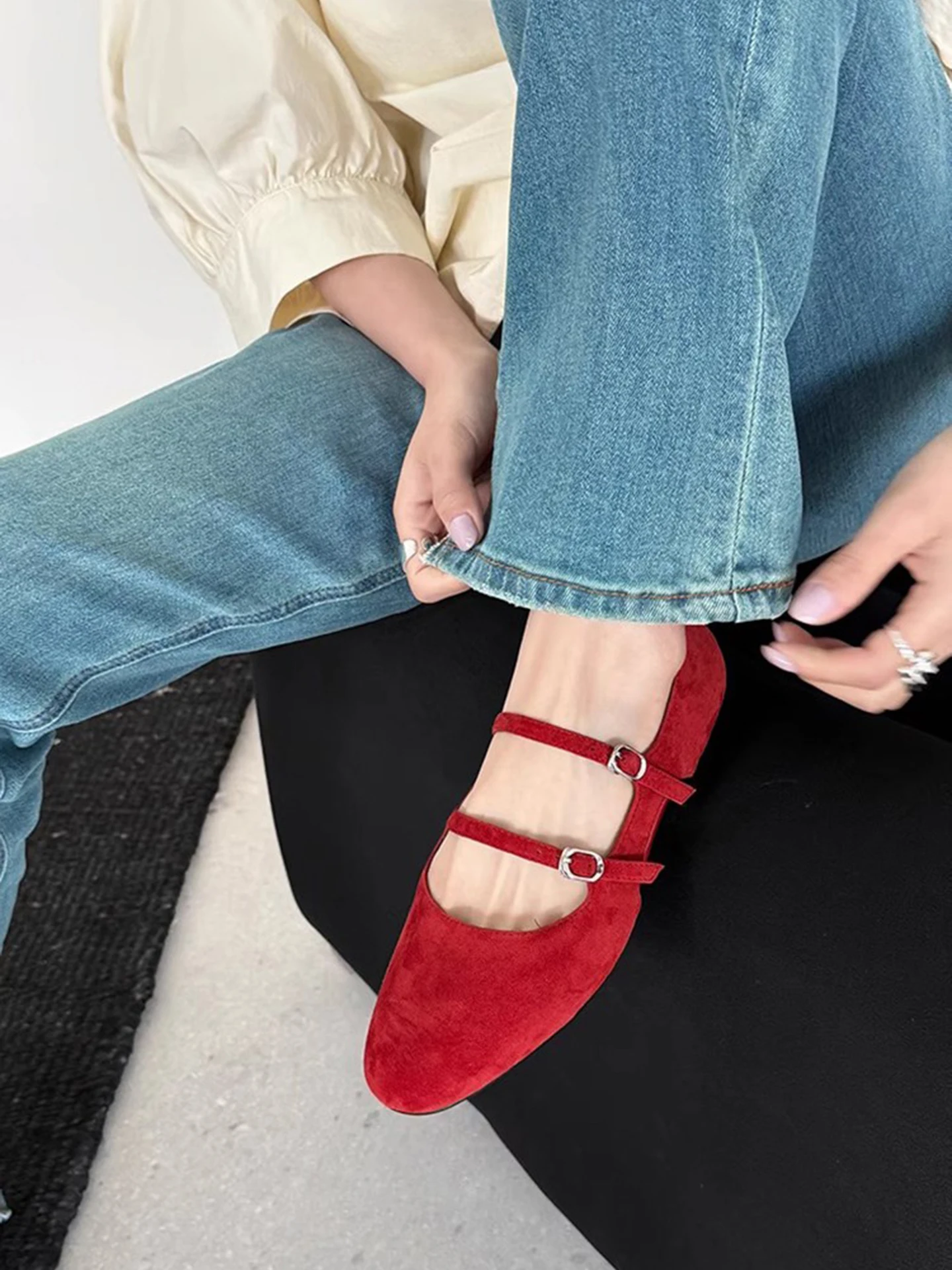 red-double-buckle-flat-mary-jane-shoes-korean-style-spring-summer-new-round-head-ballet-slip-on-women's-fashion-single-shoes