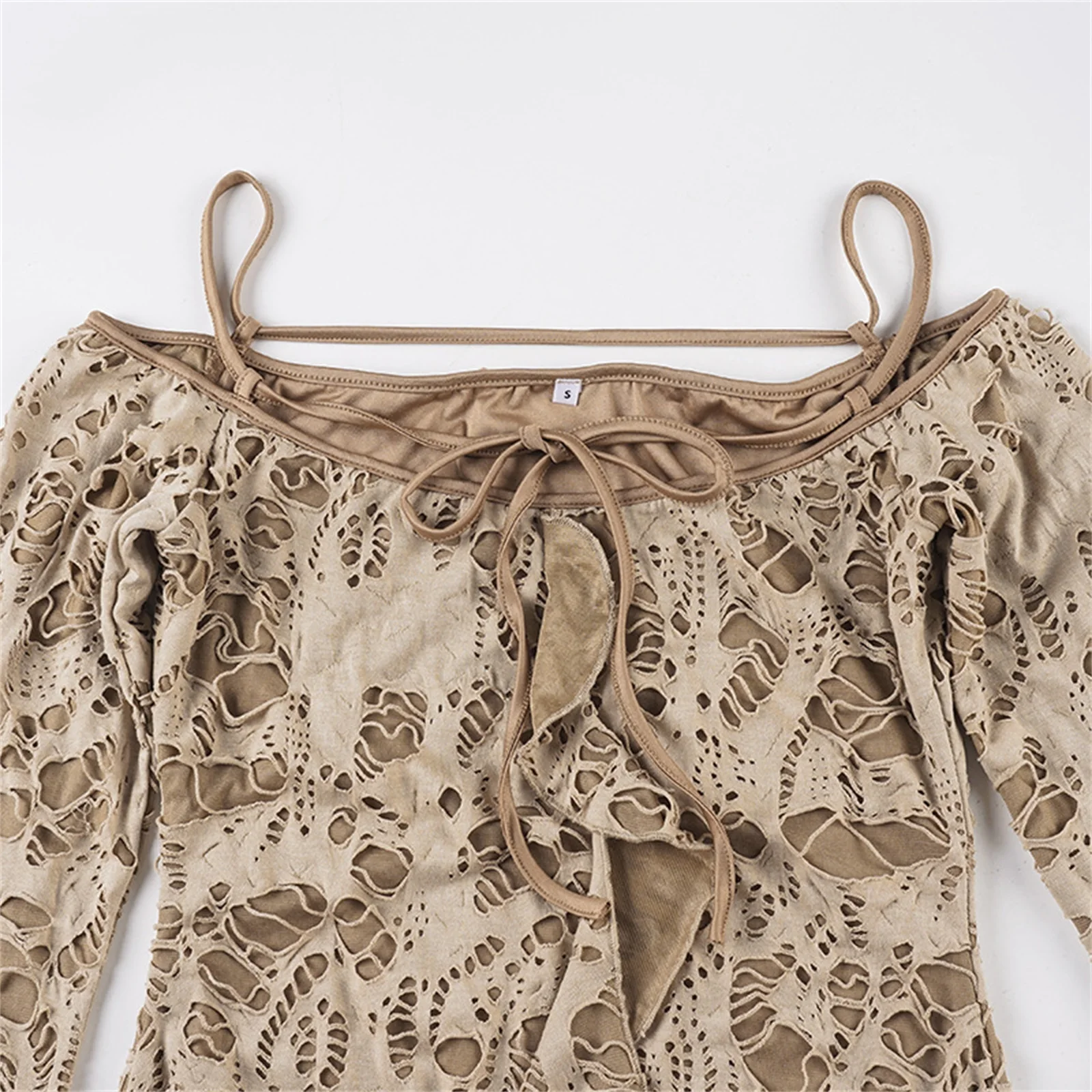 Combhasaki feminino amarrar ombro frio acima do joelho vestidos manga longa fora do ombro sem alças na moda rasgado em camadas babados vestido