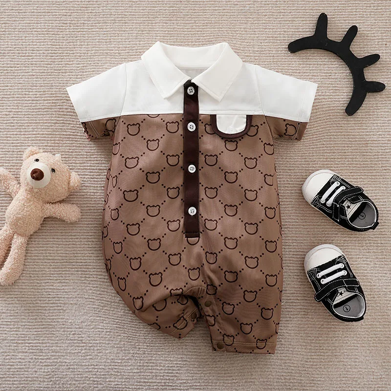 Newborn Baby Boy Girl Toddler Clothing Jumpsuit Casual Cartoon Patchwork Bear Comfortable Summer Khaki Short Sleeved Jumpsuit