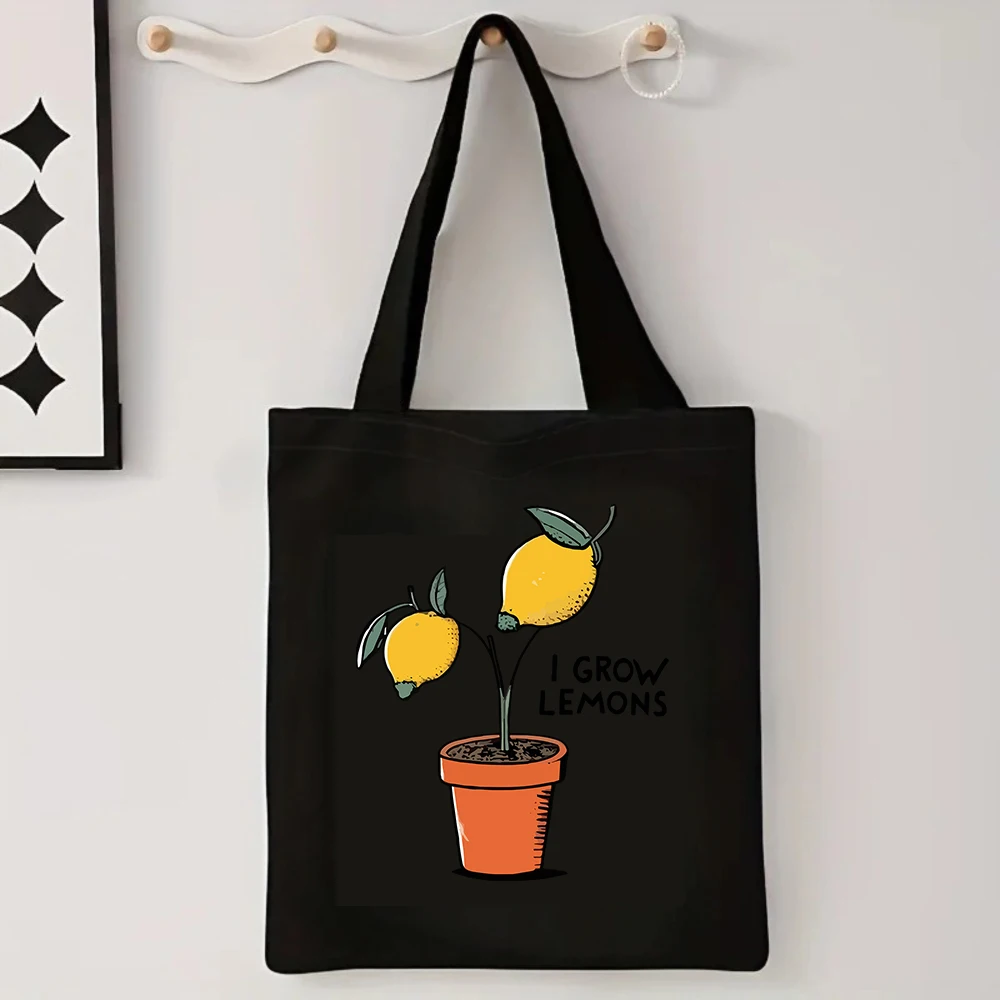 

I Grow Lemons Print Canvas Tote Bag Reusable Grocery Shoulder Bag