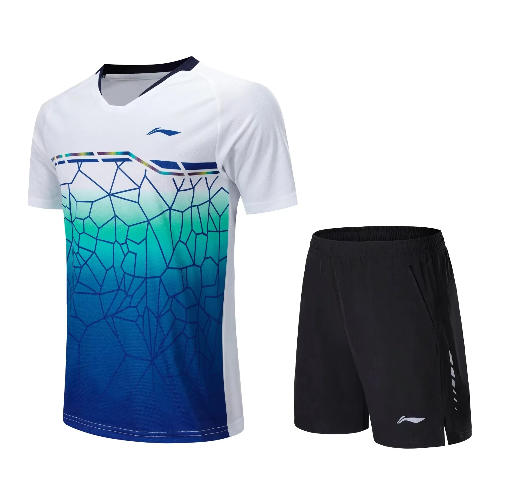 Ein Satz Badminton-T-Shirt-Shorts, schnell trocknendes, atmungsaktives Tischtennis-Set, Dochte, leichtes Team-Muster