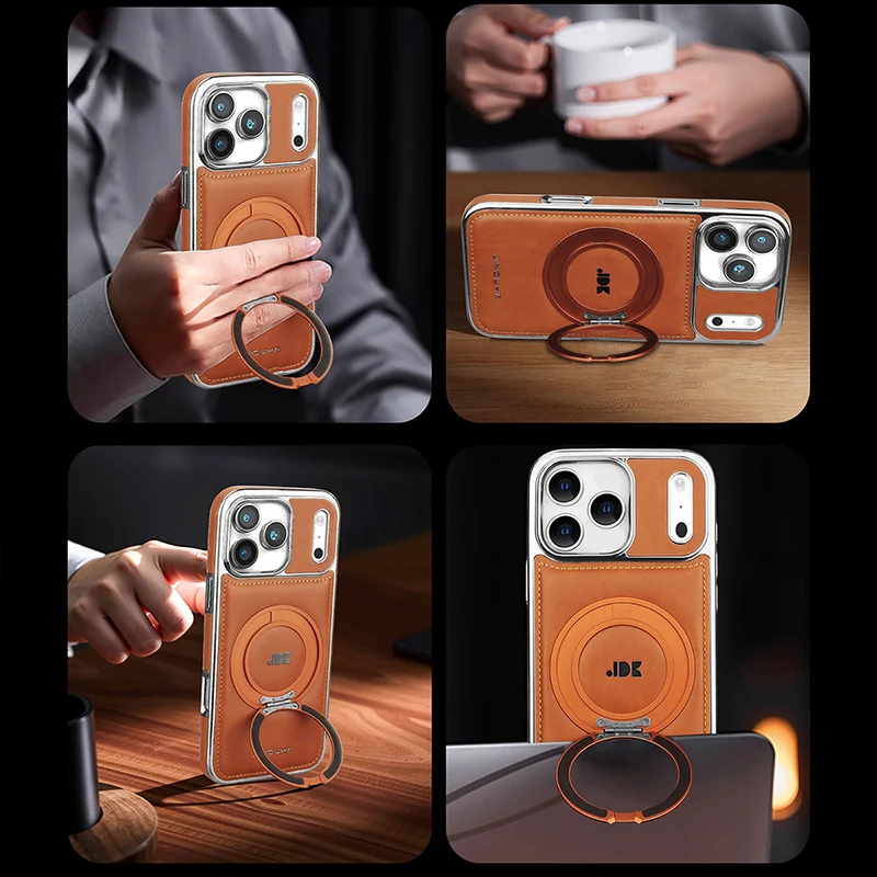 Luxury Magnetic 360 Rotating Kickstand Leather Phone Case For iPhone 17 Pro Max 16 Plus 15 14 13 Ring Holder for Magsafe Cover - view 4