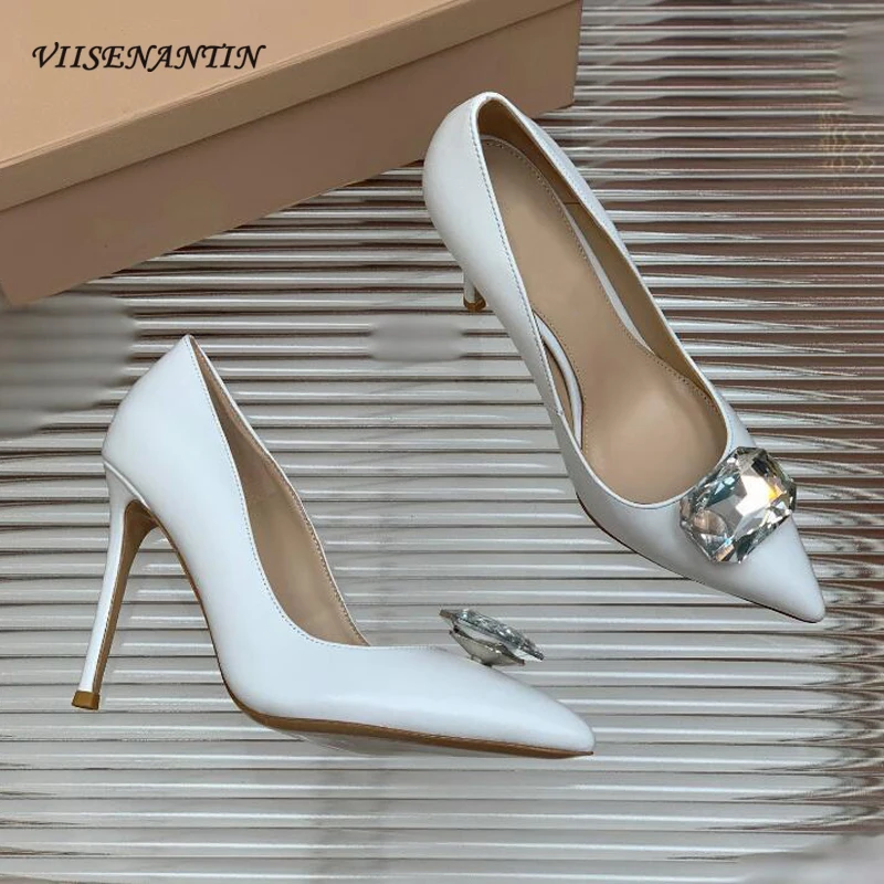 

High Heel Shoes for Women Genuine Leather Shallow Mouth Sexy Thin Heel Stiletto Single Pumps Big Rhinestone Buckle Decor Shoe