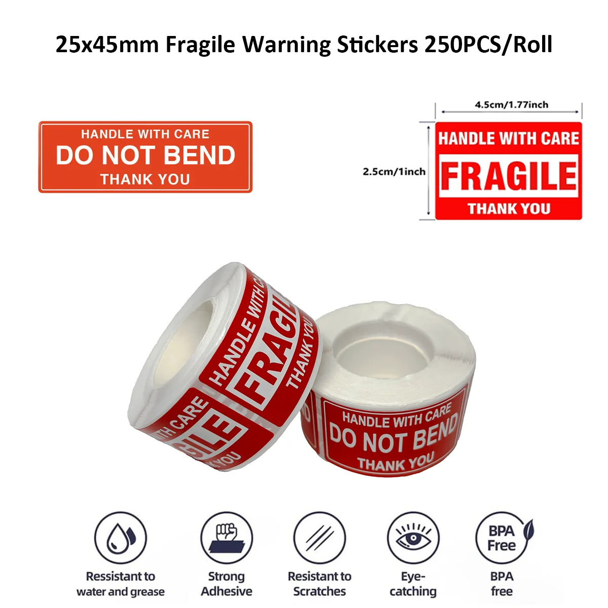 1.8"x1" Do Not Bend Fragile Warning Stickers Handle with Care Warning Packing Shipping Label - Permanent Adhesive 250PCS/Roll