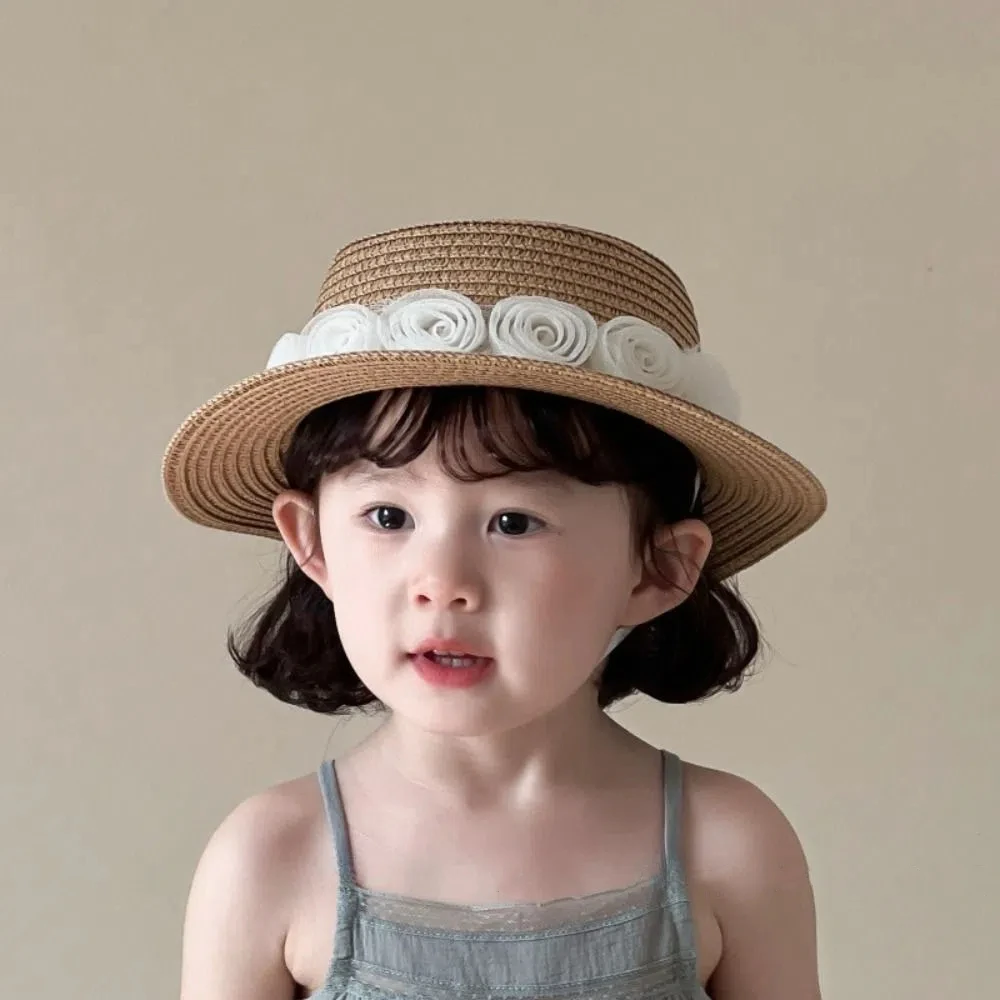 

Ins Summer Baby Straw Caps Beach French Flower Lace Straw Hat Travel Vacation Children Sun Hat for Kids