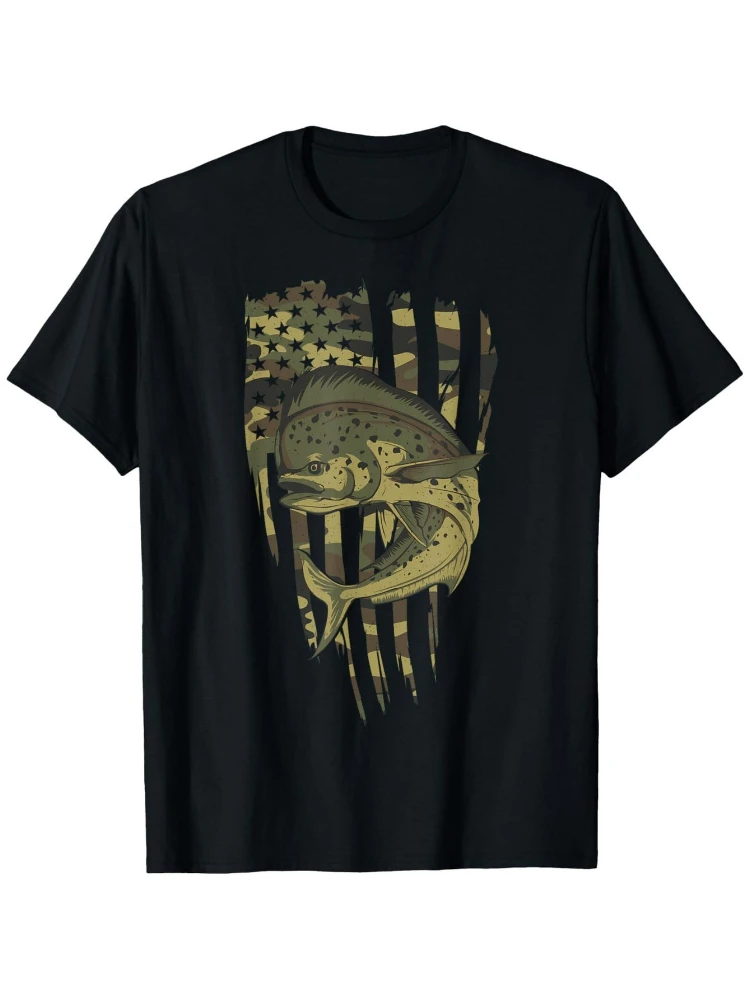 

Винтажная мужская футболка Mahi Mahi Fishing с камуфляжным флагом США и патриотическим рисунком рыбы — мужская футболка из 100% хлопка с короткими рукавами и круглым вырезом с принтом.