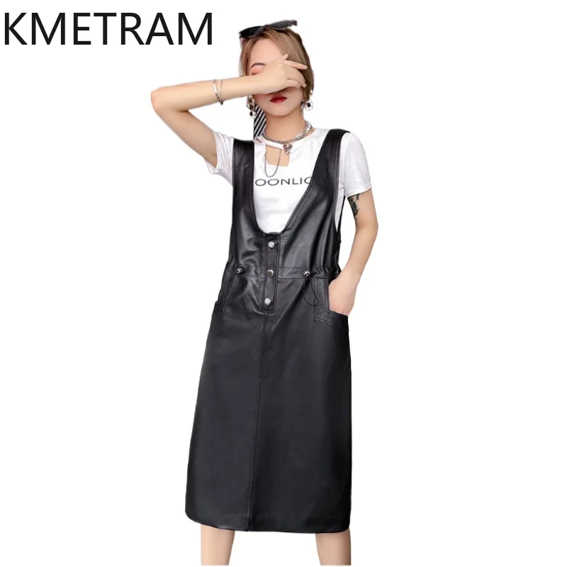 100% Top Layer Sheepskin Dresses Woman Black Sleeveless Real Leather V-neck Dress New in Outerwears Autumn Clothes 2025 Women