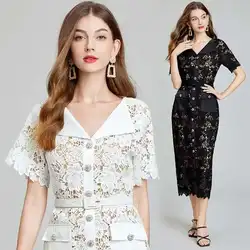 Runway Summer Vacation Flower Embroidery Midi Long Dresses Prom Evening Wedding White Lace Dress Women Bodycon Party Vestidos
