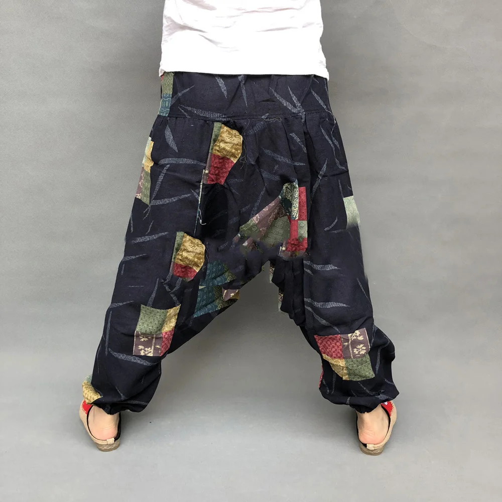 Men's Summer Retro Casual Harem Ethnic Printing Large Crotch Loose Pants Hip Hop Teenager Boy Streetwear Performance Trouser