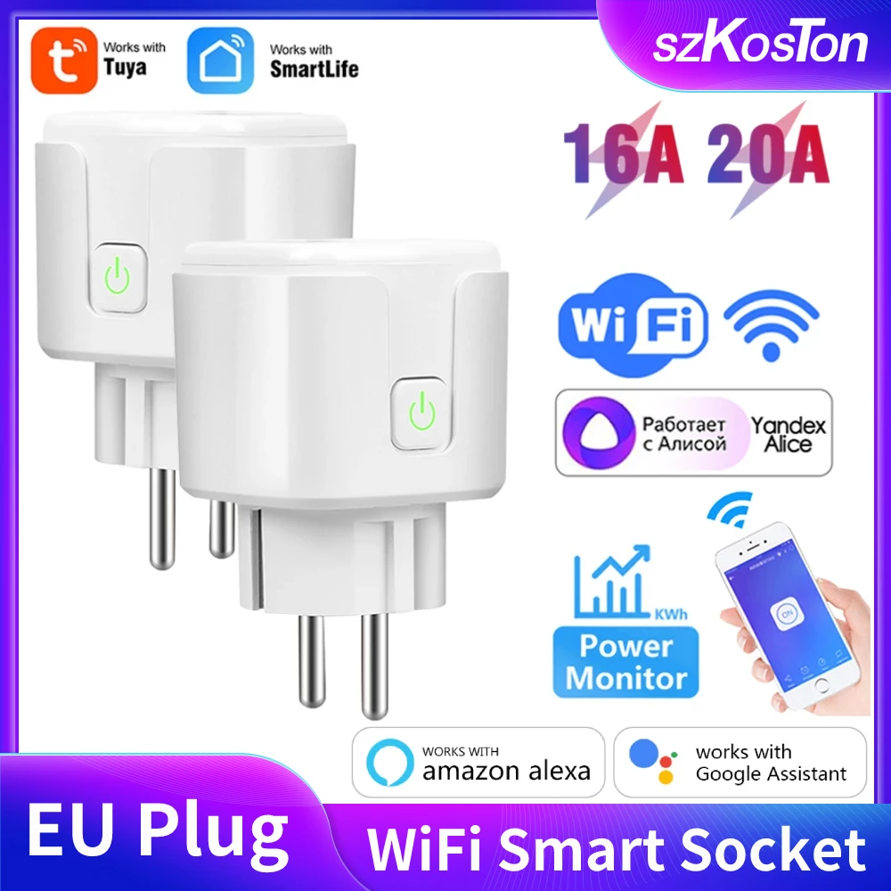 16A/20A EU Tuya ปลั๊กอัจฉริยะไวไฟเครื่องใช้ไฟฟ้าในบ้านสมาร์ทซ็อกเก็ต Power Monitor Outlet Timer ควบคุมเสียงสำหรับ Alexa Google Alice