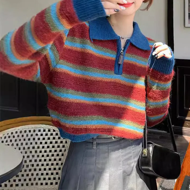 Women Striped Lapel Cropped Sweater 2026 Autumn Winter American Vintage Long Sleeve Knit Pullover Unique Casual Knitted Tops