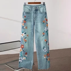 2024 Summer New Embroidery New Jeans Female Slim Joker Straight American Retro Denim Wide-leg Pants women