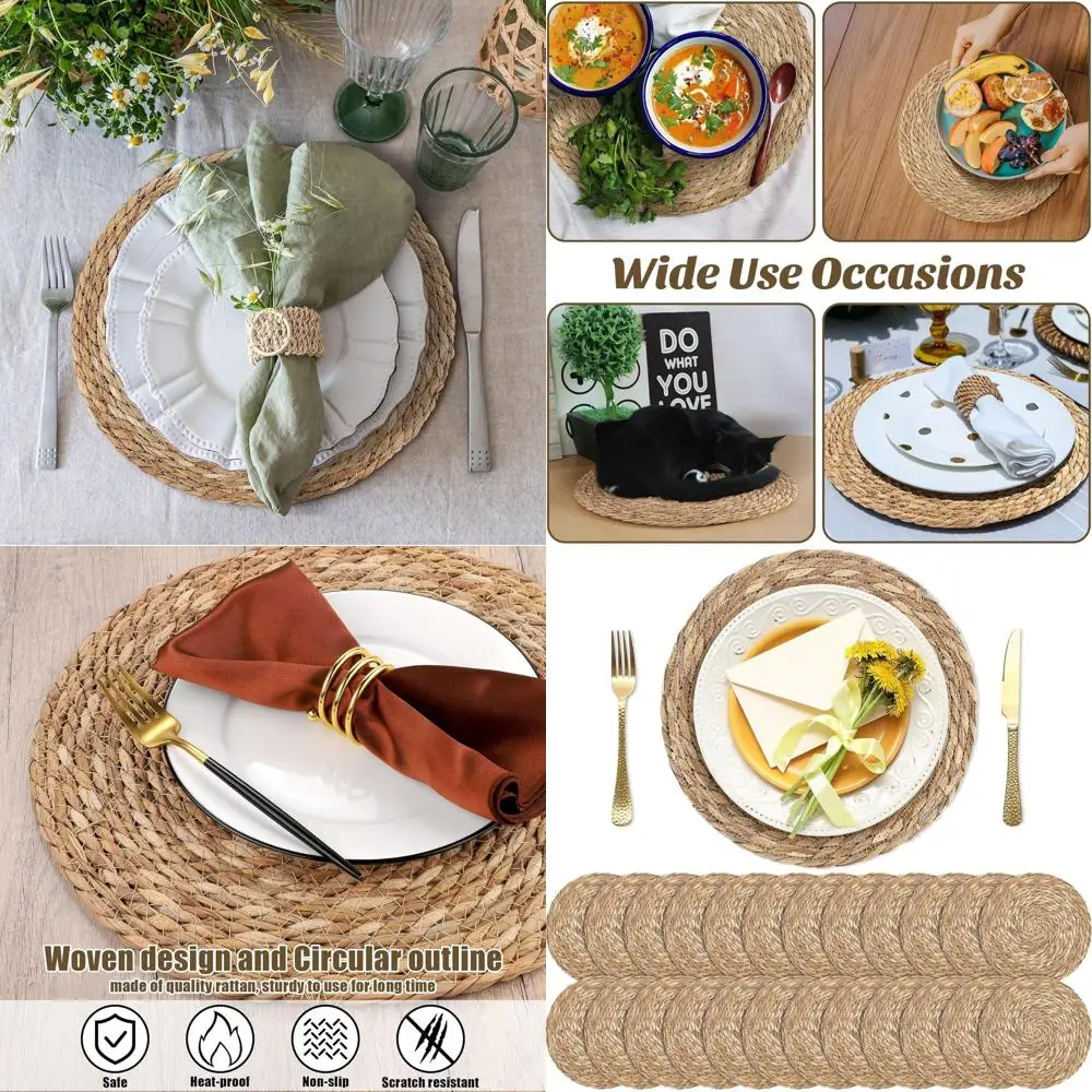 

24-Pack 12 Natural Bulrush Woven Placemats, Bohemian Rattan Table Mats for Farmhouse Dining