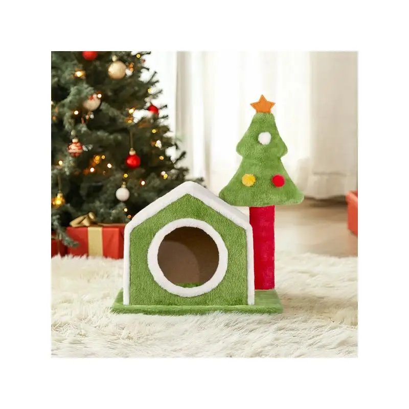 سرير بيت القطط بطول 24 بوصة، عش عيد الميلاد من القطيفة الناعمة للقطط الداخلية، ديكور عطلة احتفالي لأصدقاء القطط