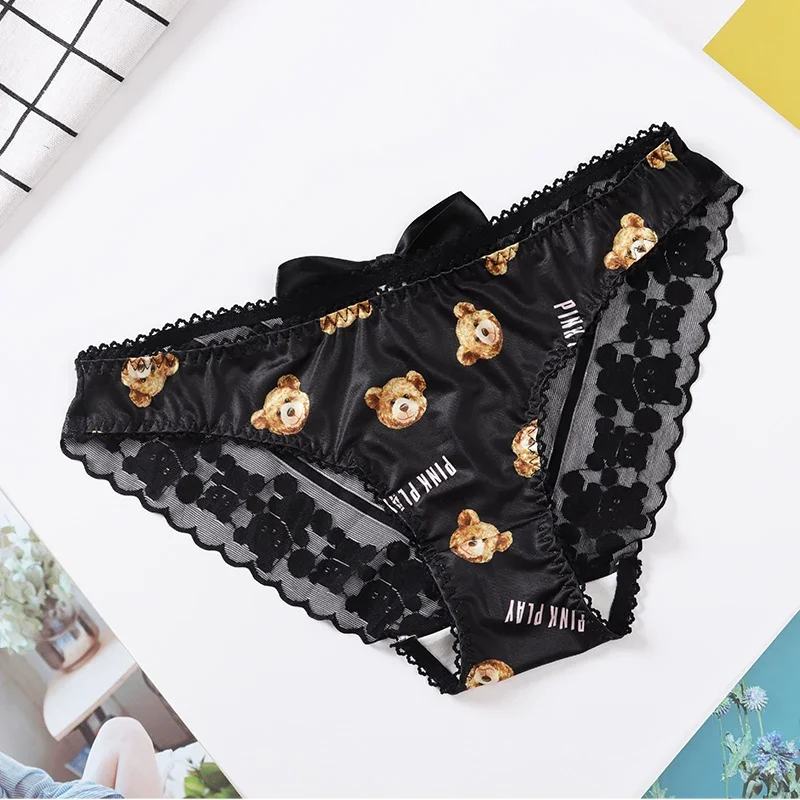 Conjunto de bragas de seda de hielo para hombre y mujer, ropa interior Sexy de encaje con estampado de oso de dibujos animados, 1 piezas