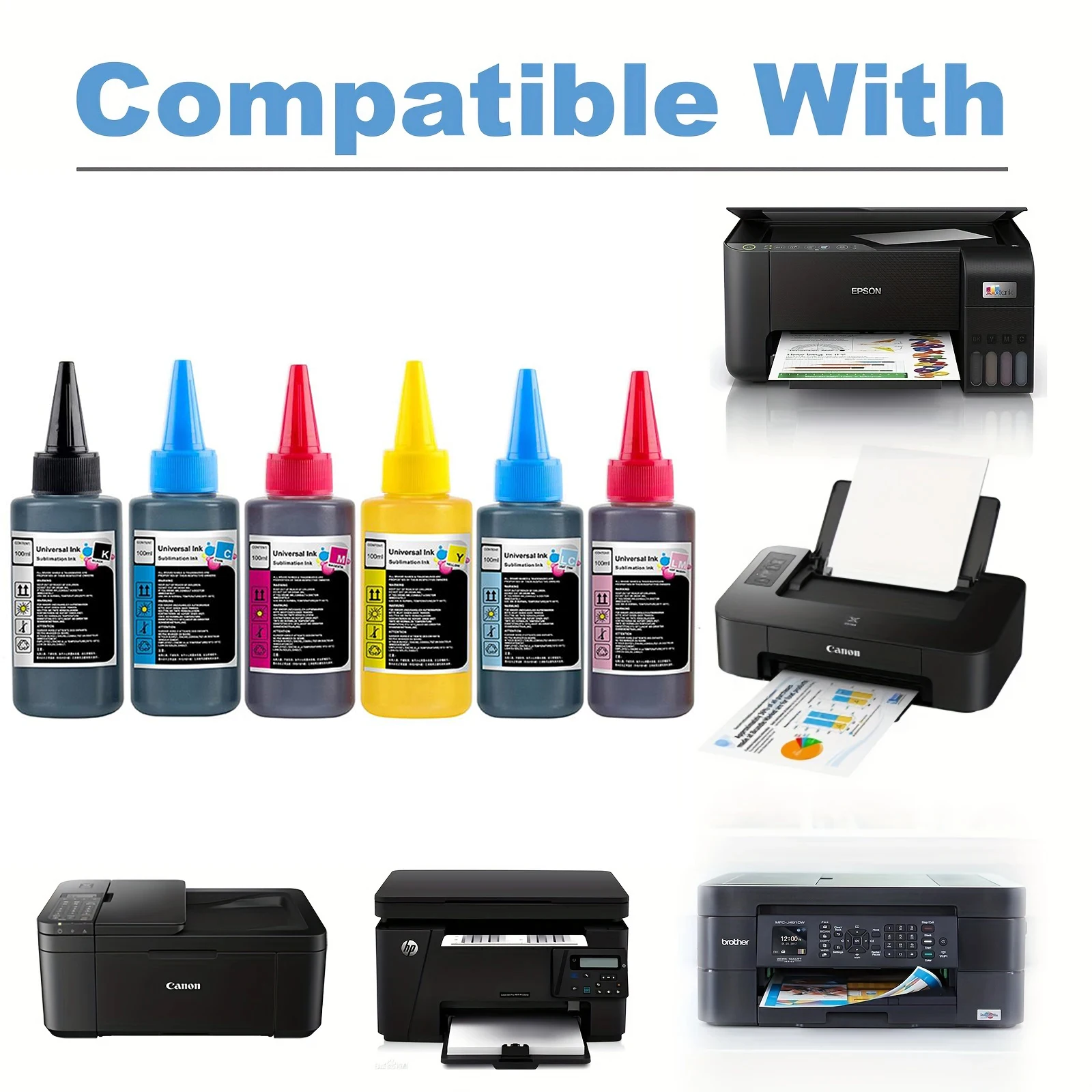 مجموعة 6 ألوان حبر صبغ عالمي متوافق مع خراطيش الطابعة النافثة للحبر Epson Canon HP Brother، خرطوشة حبر معاد تصنيعها