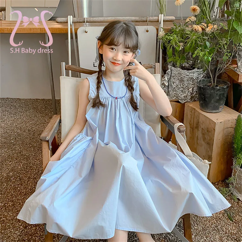 Summer Girl Sweet Dress Fashionable Kid Blue Clothing Sleeveless Soft Cotton Large Skirt Children Knee-length Dresses