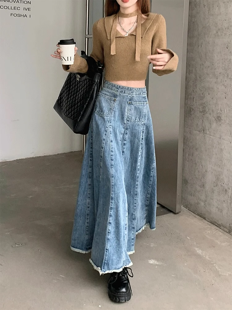 حجم كبير 2XL-6XL ريترو الأزرق المرأة الصيف كبير سوينغ الدنيم تنورة موضة عالية الخصر ألف خط التنانير الكورية فضفاضة ومتعددة الاستخدامات