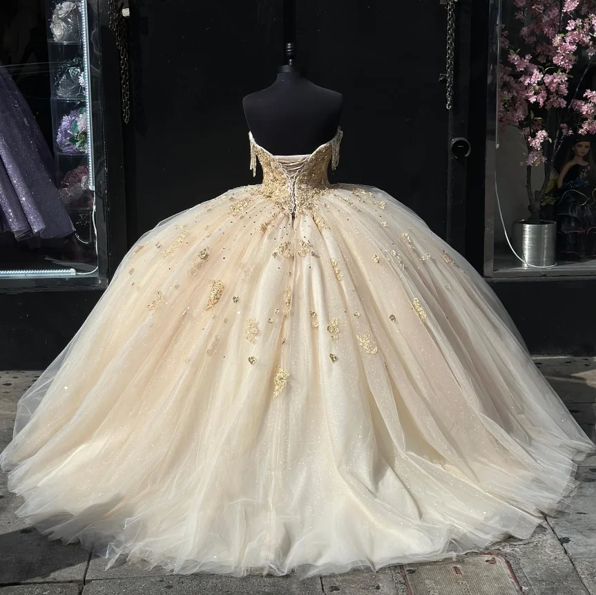 Khaki Exquisite Quinceanera Dresses 2024 Glitter Beaded Gold Applique Mexican Tulle Puffy Princess Dress robe de soirée