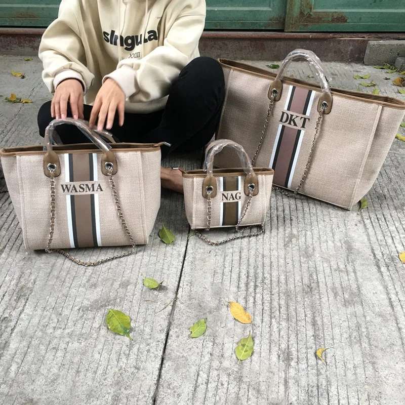 Customize monogram striped Big Mama and mini size canvas handbag travel bags totes shopping shoulder jute handbags shopper tote