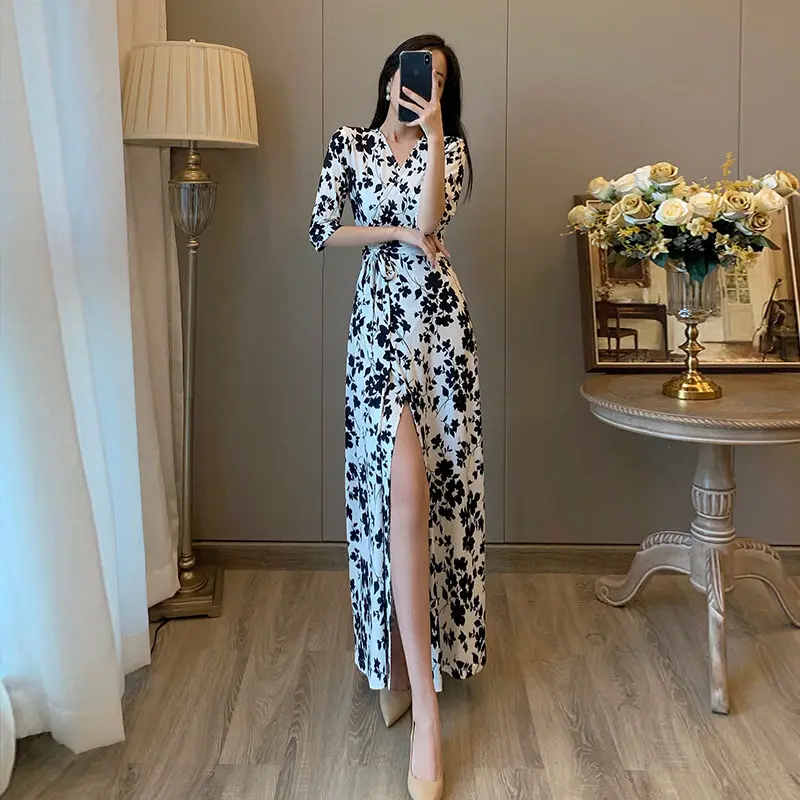 

Платье макси, женское платье во французском стиле, элегантная туника с цветочным принтом, трапециевидной формы, Harajuku, Vestidos, нежная вечеринка, женская винтажная туника с v-образным вырезом BF