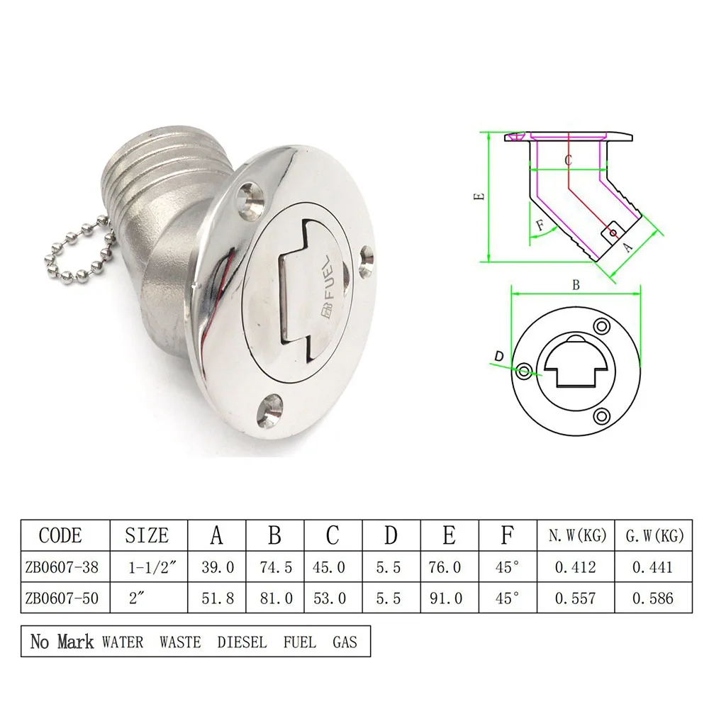 45 Degree 316 Stainless Steel Deck Filler Key Cap GAS DIESEL FUEL WASTE WATER 38mm 50mm Deck Filler Caps for Marine Boat