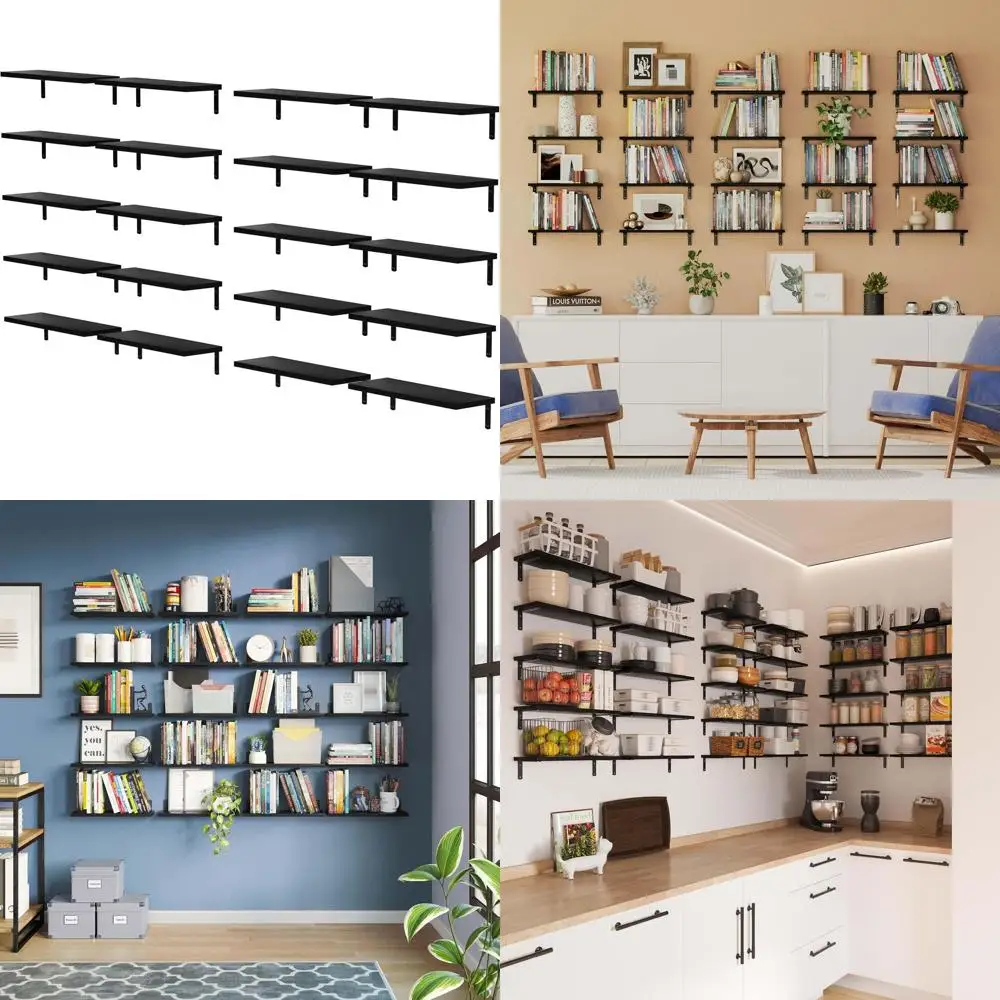 

17 x 6 Rustic Wood Floating Shelves, Set of 20, Wall Bookshelf for Living Room and Office, with 5 Metal Brackets, Black