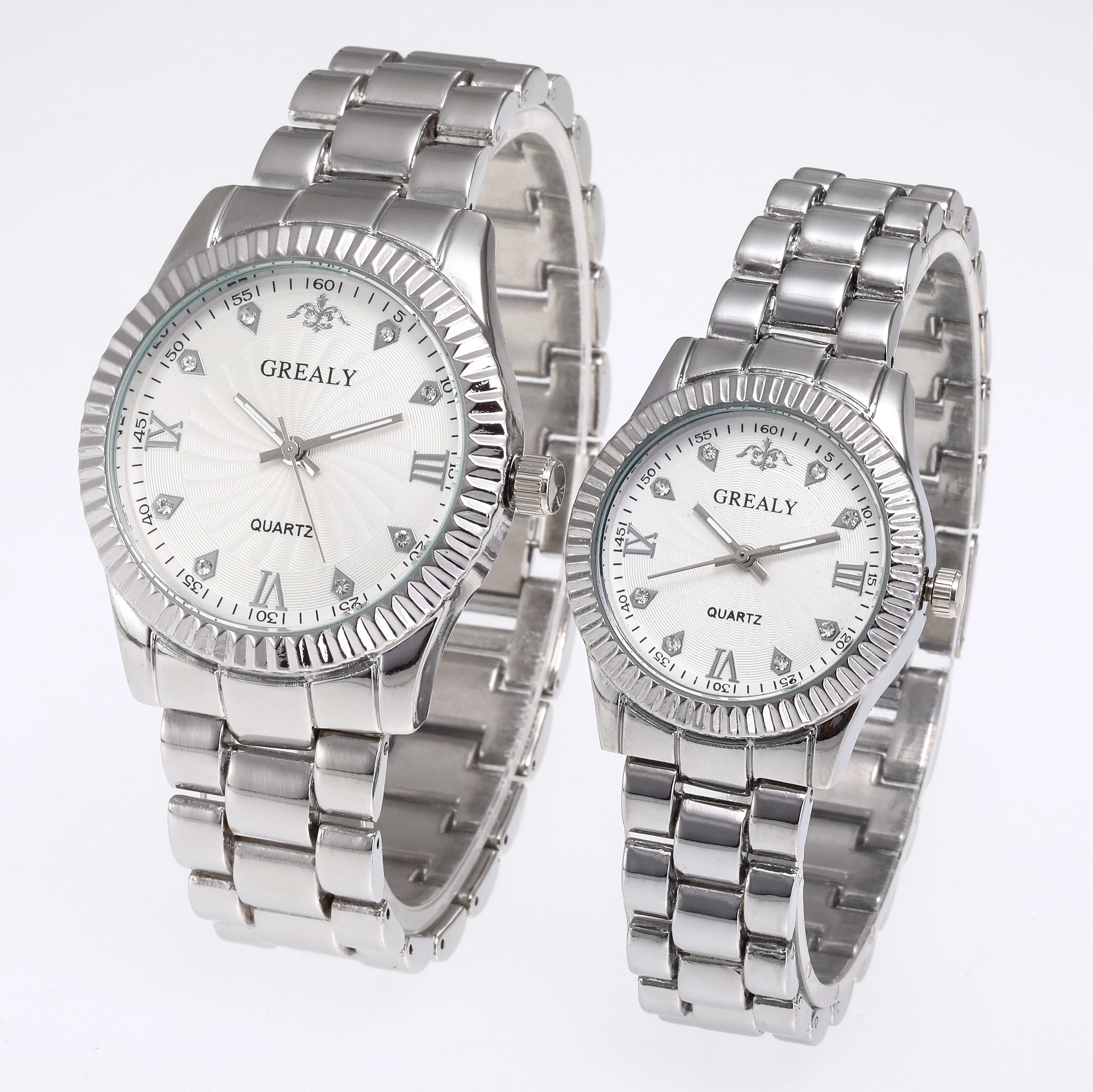 سوار فولاذي بسيط وأنيق مرصع بالألماس ساعات الزوجين للرجال عادية سبيكة الأعمال الشابات ساعة كوارتز زوج