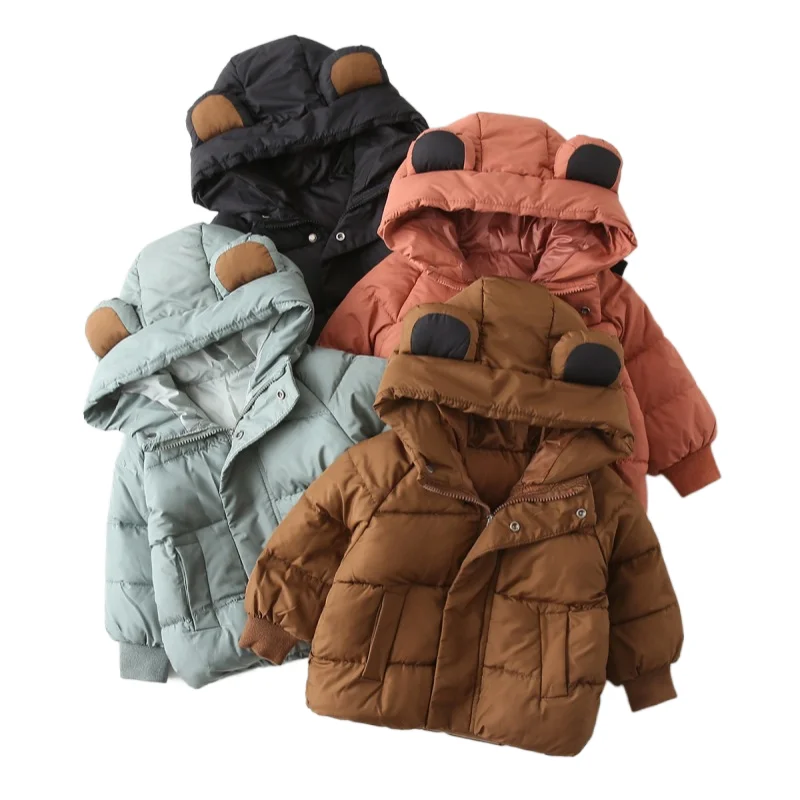 Boys' Fashion Winter Warmth Hooded Puffer Jacket, Thickened Zip-Up Solid Color Polyester-filled Jackets for Kids, Ages 2-8