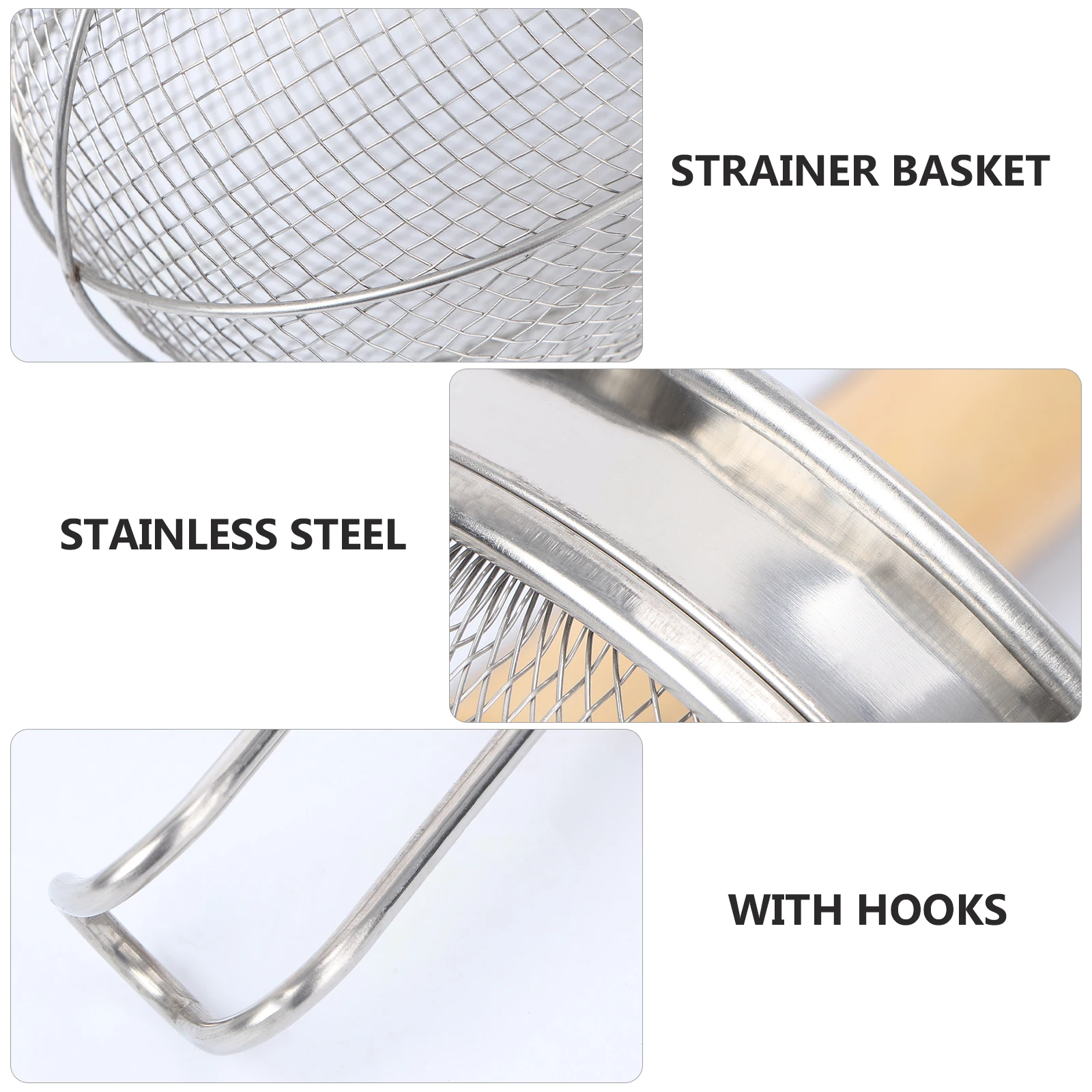 

Stainless Steel Mesh Strainer Basket With Wooden Handle Draining Oil Boiling Liquids Hooks Hanging Storage Lightweight