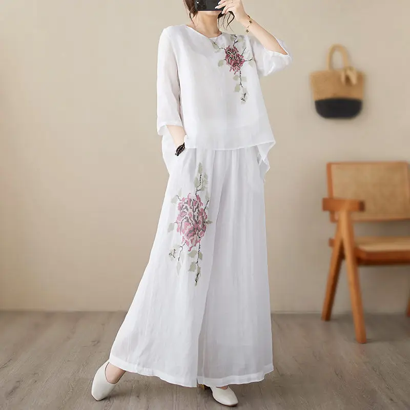 Summer Women Pant Sets Retro Linen Light And Thin Shirt Embroidered Casual Pullover Ramie Top + Trousers Female Outfits Z1695