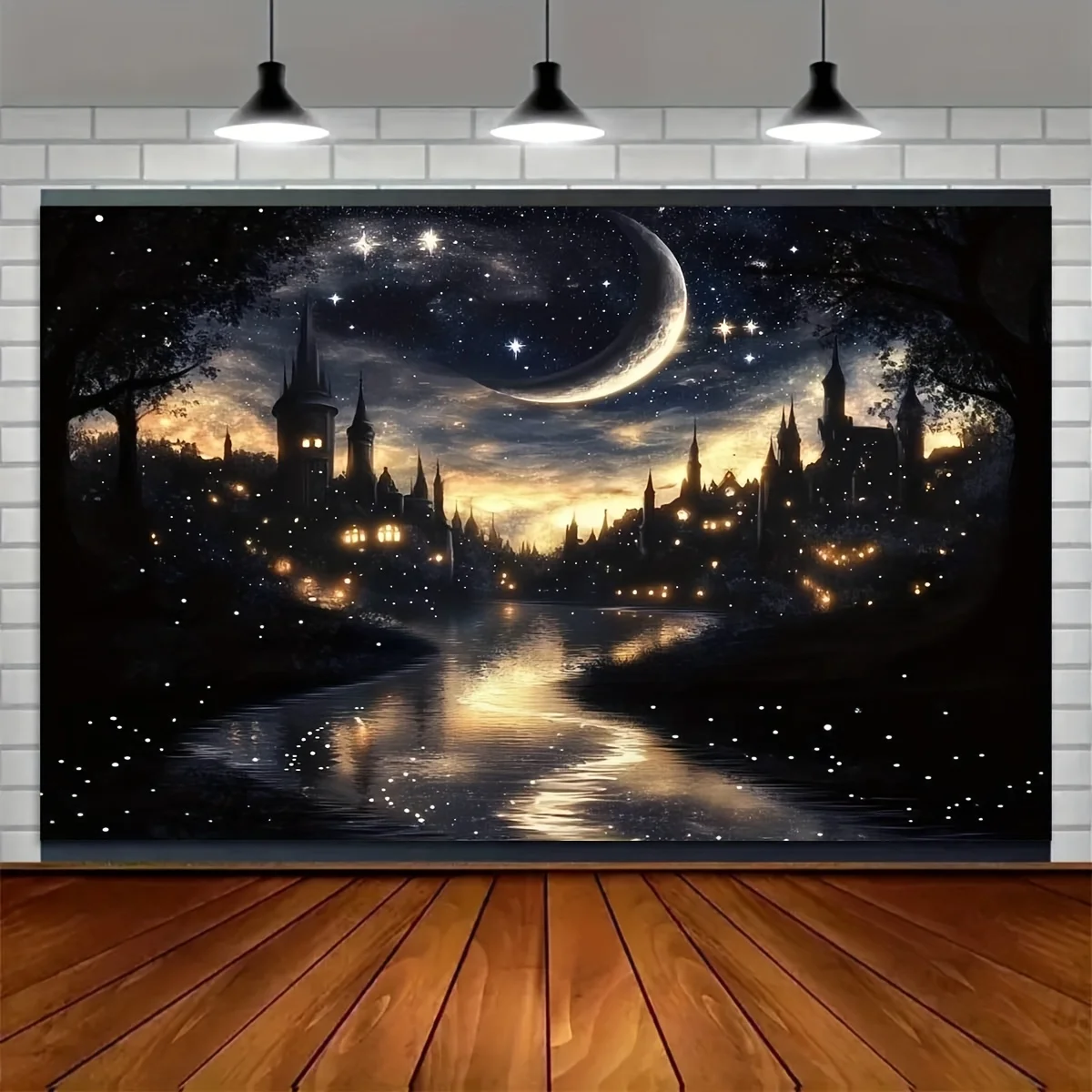 Bannière plate 2D, 1 tissu de fond photographique - thème de scène de nuit de château au clair de lune tranquilique