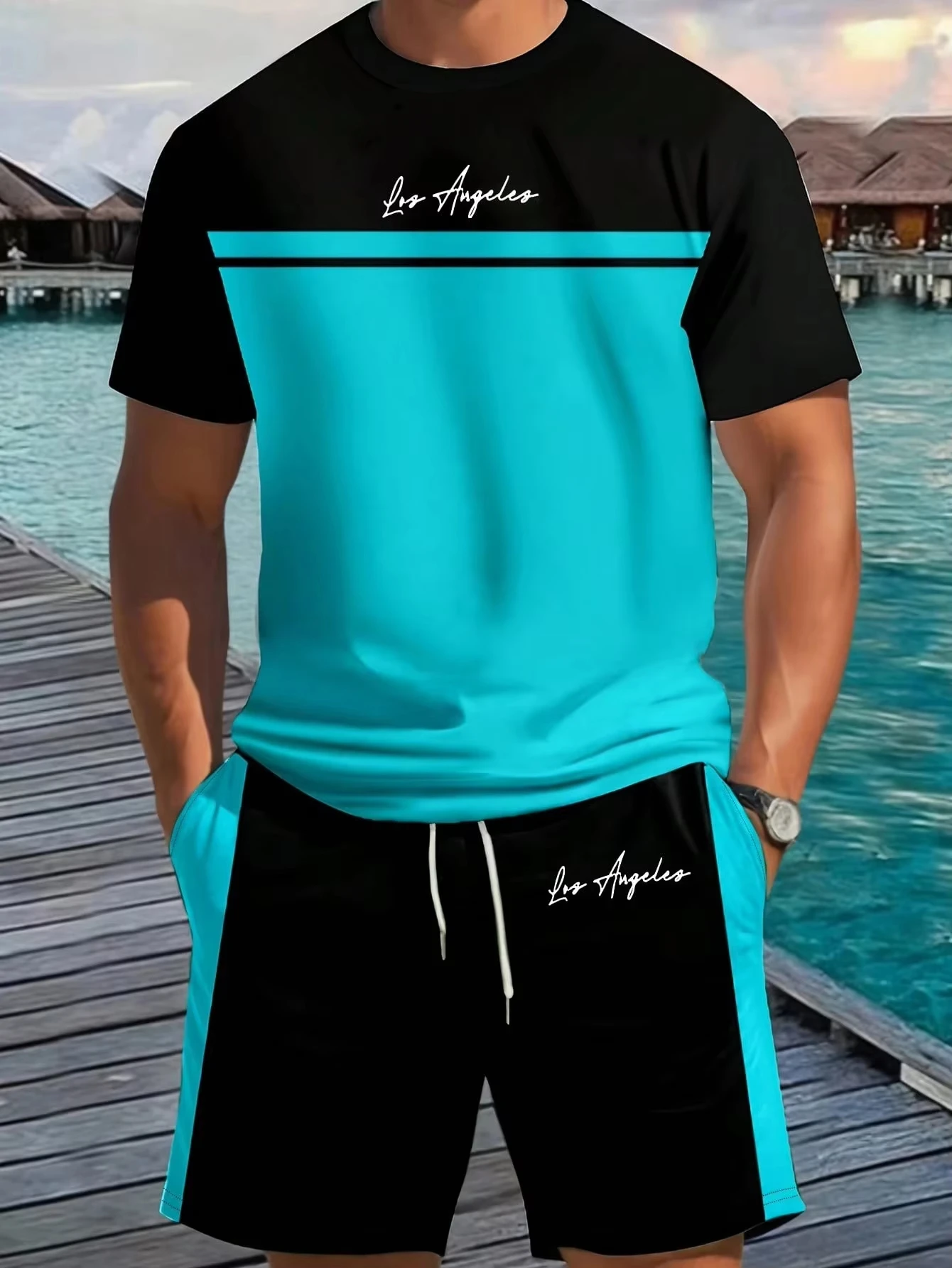 

2-piece Set Apparel Color Striped Design Pattern Printed Breathable Summer Man Sports Short Sleeve Top Casual Loose Shorts Set