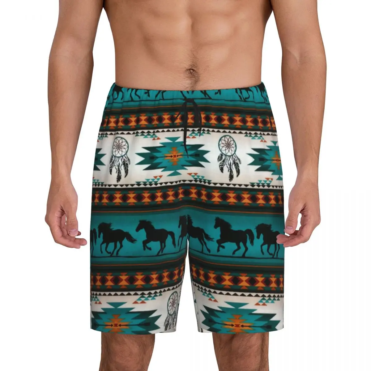 Custom Print Men Navajo Aztec Tribal Horse Pattern Pajama Bottoms Sleepwear Pjs Sleep Shorts with Pockets