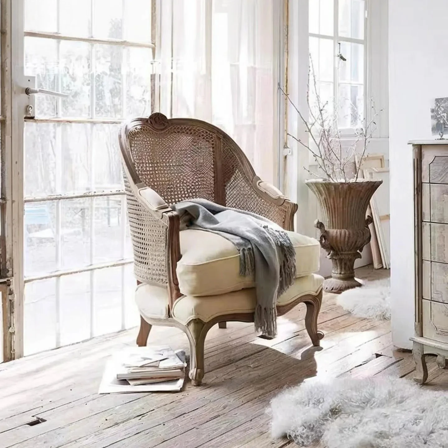 solid wood braided rattan sofa chair retro old living room balcony single studio design sofa