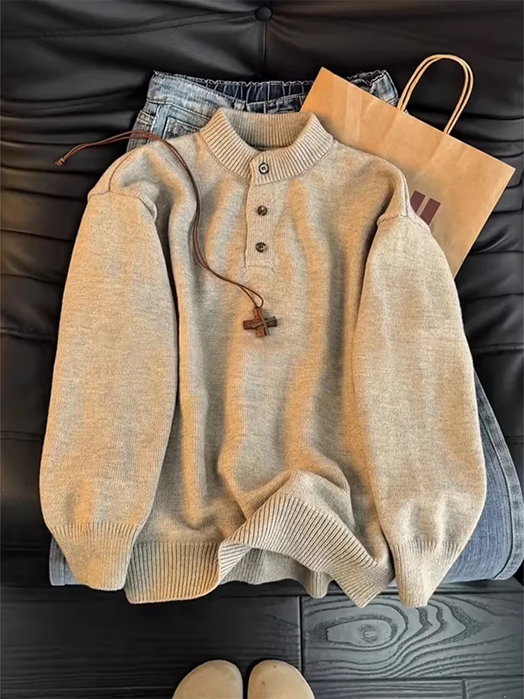 

Cleanfit Men's Knitted Sweater Henry Collar Lazy Sle Inner Wear American Casual Loose Fit Long Sve Button up Winter Top