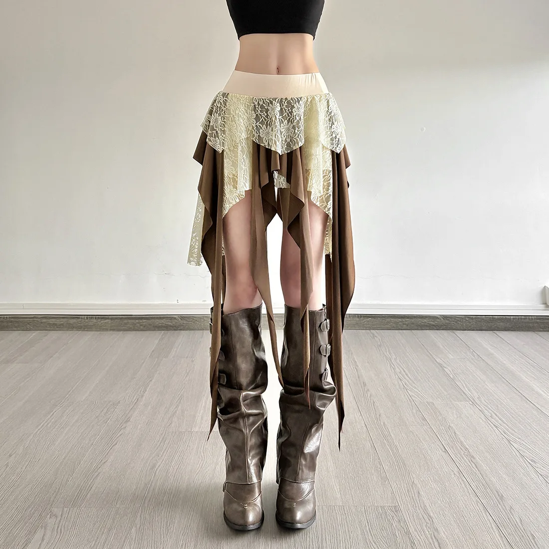 Summer 2025 New Women's Midi Skirt Lace Splicing Asymmetrical Fringe Color Block Multi-layered Cross-border Style