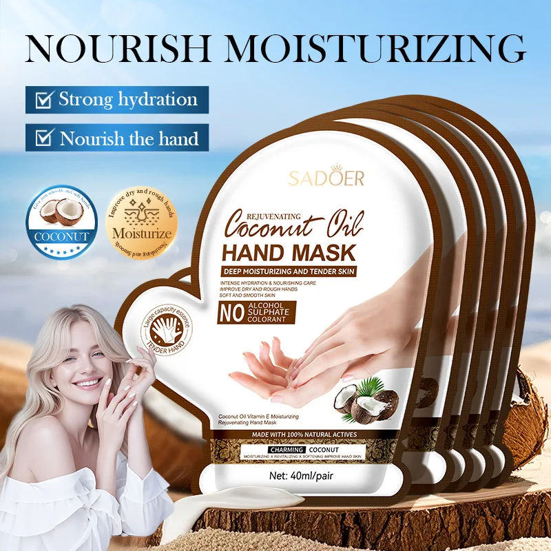10 Paar SADOER Kokosnussöl-Handmasken, Tiefenwirksame Feuchtigkeitsspendende Handmaske, Feuchtigkeitsspendende Handschuhe mit reichhaltiger Kokosnuss-Essenz für trockene, raue Hände, tägliche